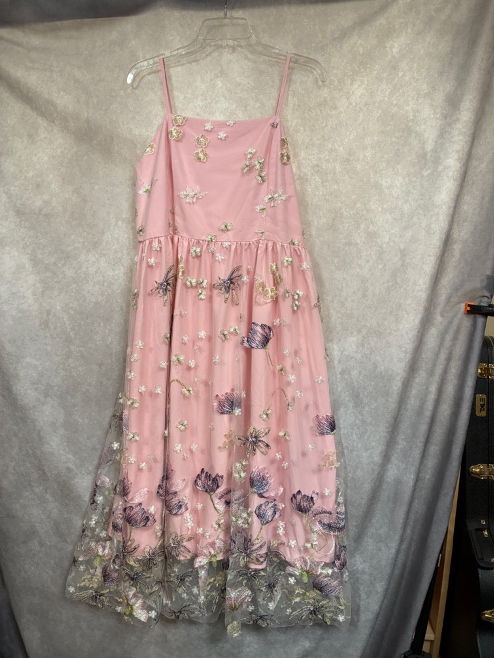 Pink Floral Embroidered Midi Dress with Spaghetti Straps